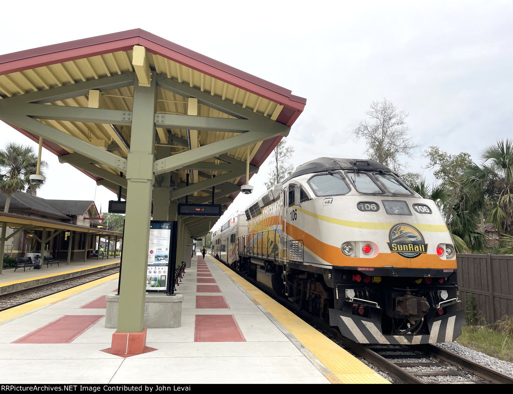 Sunrail MP32PH-Q # 106 on what is now Train # P335SB at Deland Station-I took this back to Sand Lake Road Station